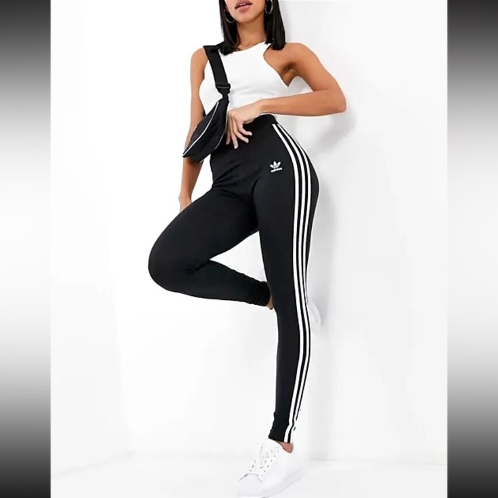 NWT Adidas Original Mid Rise Black/3 Stripe Leggings